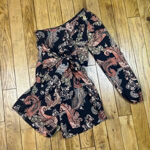 Lulus One Shoulder Paisley Cutout Romper Black Orange Small Tie Front Sleeveless